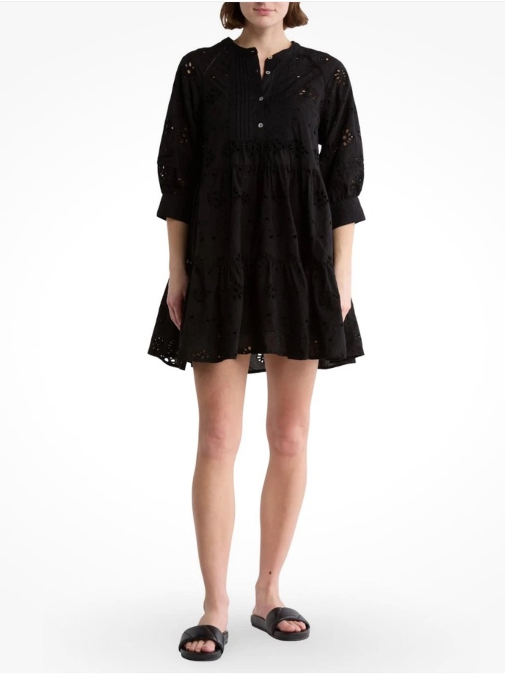 Poupette St Barth Tesorino Embroidered Cotton Eyelet Shirt Dress – Black S/M